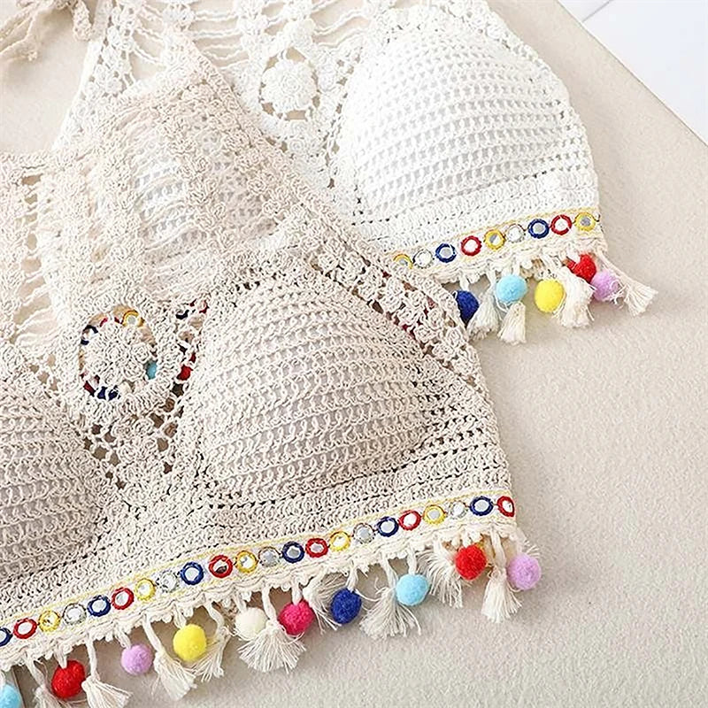 Bohemian Ethnic Style Sexy Knit Backless Short Crop Top for Women Lightweight Hollow Out Crochet Tassels Hem Halter Bras Bustier
