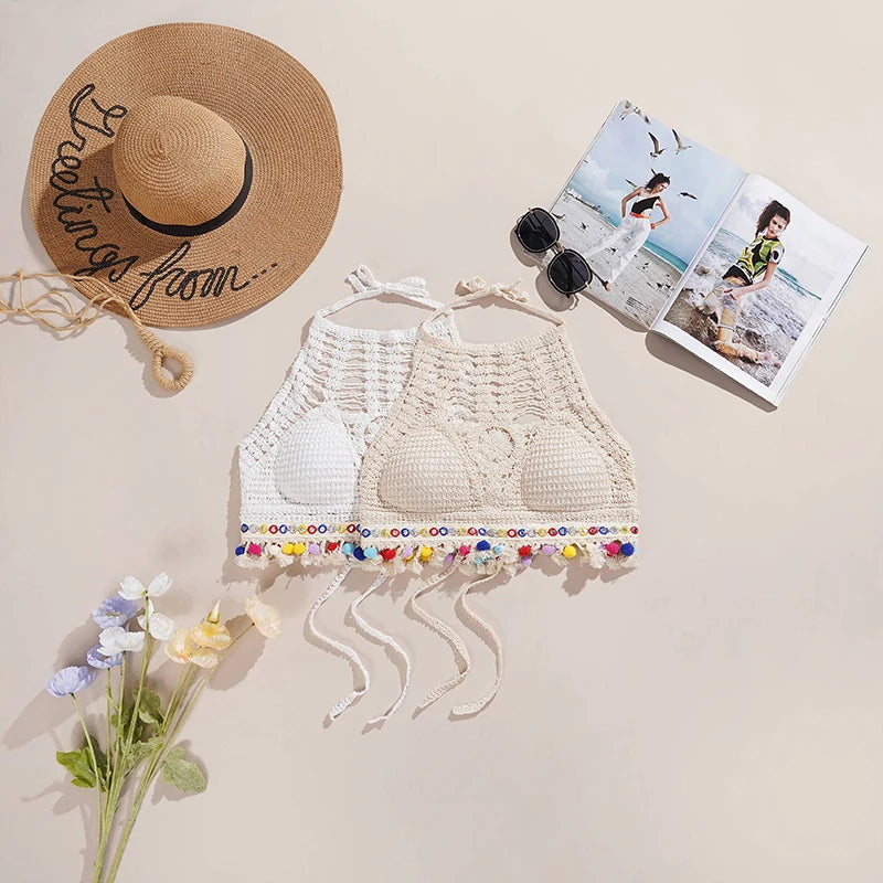 Bohemian Ethnic Style Sexy Knit Backless Short Crop Top for Women Lightweight Hollow Out Crochet Tassels Hem Halter Bras Bustier