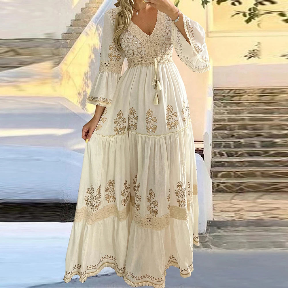 Women Elegant Retro Dress Floral Print Lace V-Neck High Waist Flared Sleeve Vacation Female Maxi Dresses Sweet Vintage Vestidos