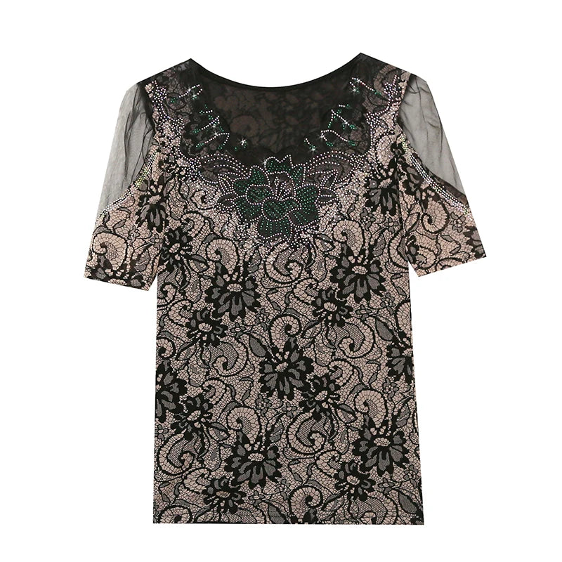 2023 New Summer Clothes Patchwork T-Shirt Sexy V-Neck Crochet Lace Hot Drilling Shiny Diamonds Slim Tops Short Sleeve Tees 34207