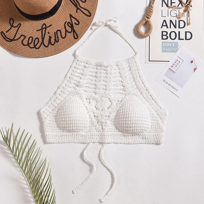 Bohemian Ethnic Style Sexy Knit Backless Short Crop Top for Women Lightweight Hollow Out Crochet Tassels Hem Halter Bras Bustier