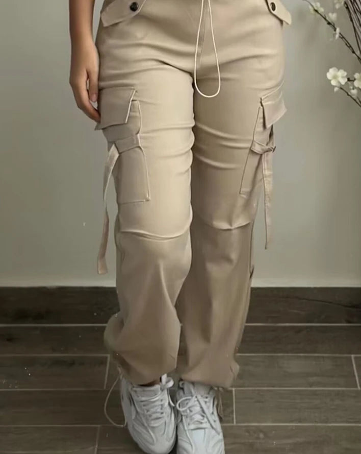 Women'S Cargo Pants 2024 Autumn Fashion Street Pocket Design Drawstring Cuffed Pants Daily Casual Plain Long Pants Versatile