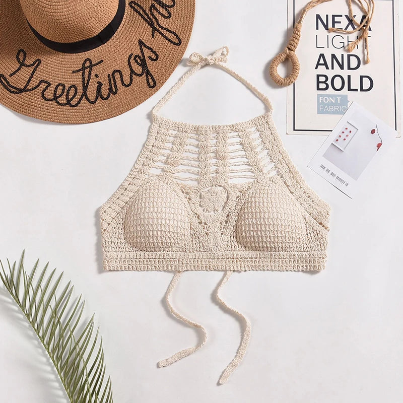 Bohemian Ethnic Style Sexy Knit Backless Short Crop Top for Women Lightweight Hollow Out Crochet Tassels Hem Halter Bras Bustier