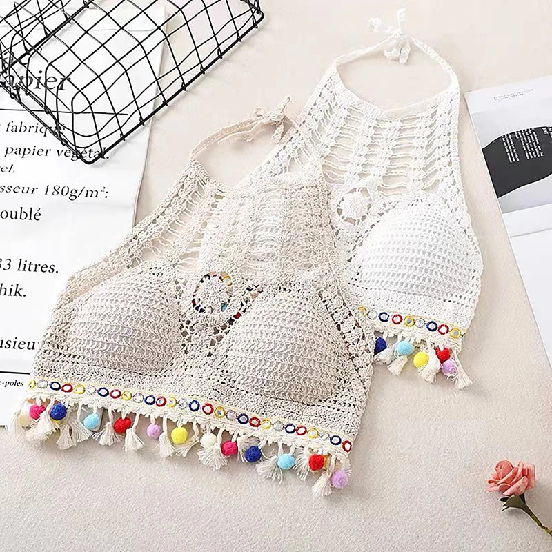 Bohemian Ethnic Style Sexy Knit Backless Short Crop Top for Women Lightweight Hollow Out Crochet Tassels Hem Halter Bras Bustier
