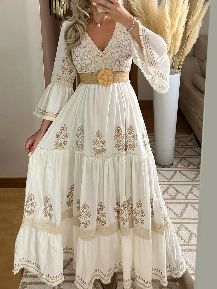 Women Elegant Retro Dress Floral Print Lace V-Neck High Waist Flared Sleeve Vacation Female Maxi Dresses Sweet Vintage Vestidos