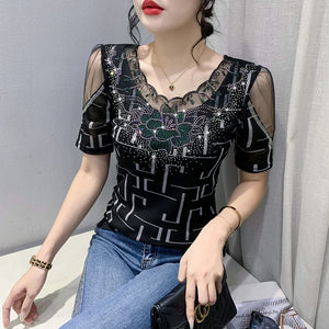 2023 New Summer Clothes Patchwork T-Shirt Sexy V-Neck Crochet Lace Hot Drilling Shiny Diamonds Slim Tops Short Sleeve Tees 34207