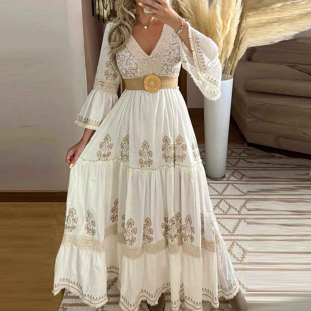 Women Elegant Retro Dress Floral Print Lace V-Neck High Waist Flared Sleeve Vacation Female Maxi Dresses Sweet Vintage Vestidos