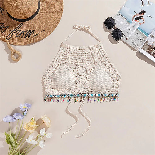Bohemian Ethnic Style Sexy Knit Backless Short Crop Top for Women Lightweight Hollow Out Crochet Tassels Hem Halter Bras Bustier
