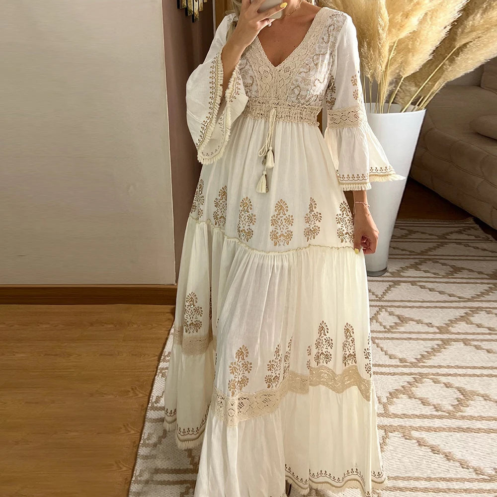 Women Elegant Retro Dress Floral Print Lace V-Neck High Waist Flared Sleeve Vacation Female Maxi Dresses Sweet Vintage Vestidos