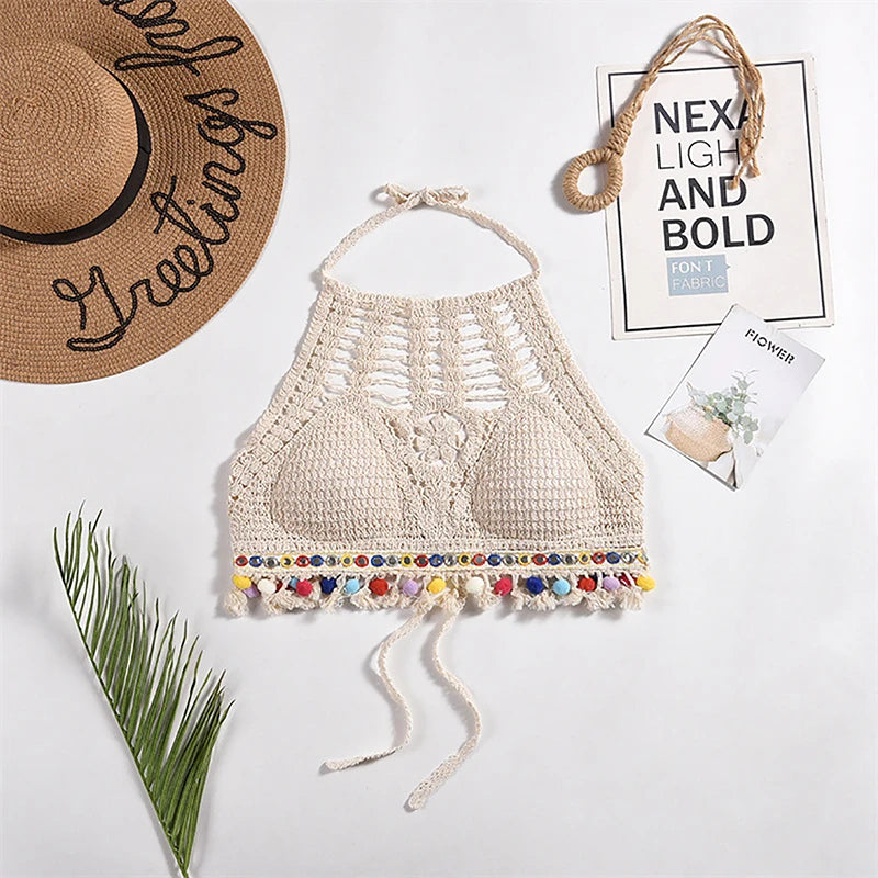 Bohemian Ethnic Style Sexy Knit Backless Short Crop Top for Women Lightweight Hollow Out Crochet Tassels Hem Halter Bras Bustier