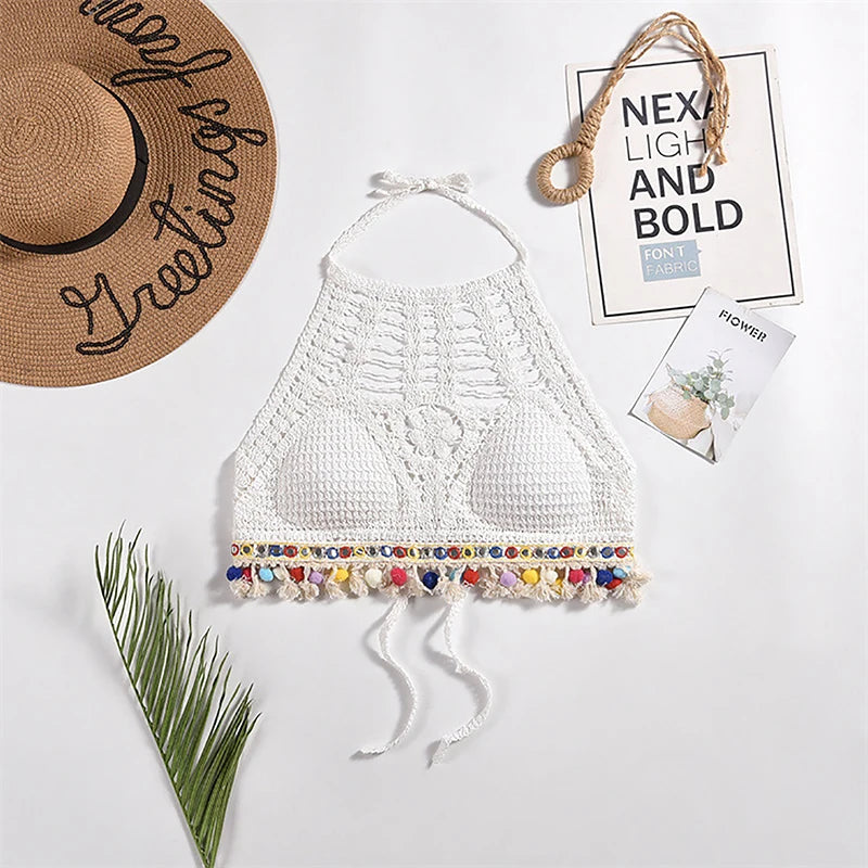 Bohemian Ethnic Style Sexy Knit Backless Short Crop Top for Women Lightweight Hollow Out Crochet Tassels Hem Halter Bras Bustier